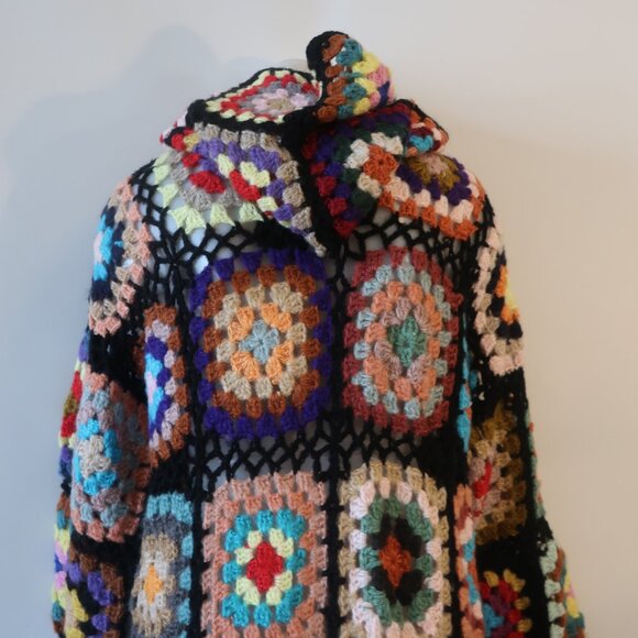 NWT Womens Tina Demel Multicolor Hood Granny Square Crochet Cardigan Sweater M/L - Picture 10 of 13